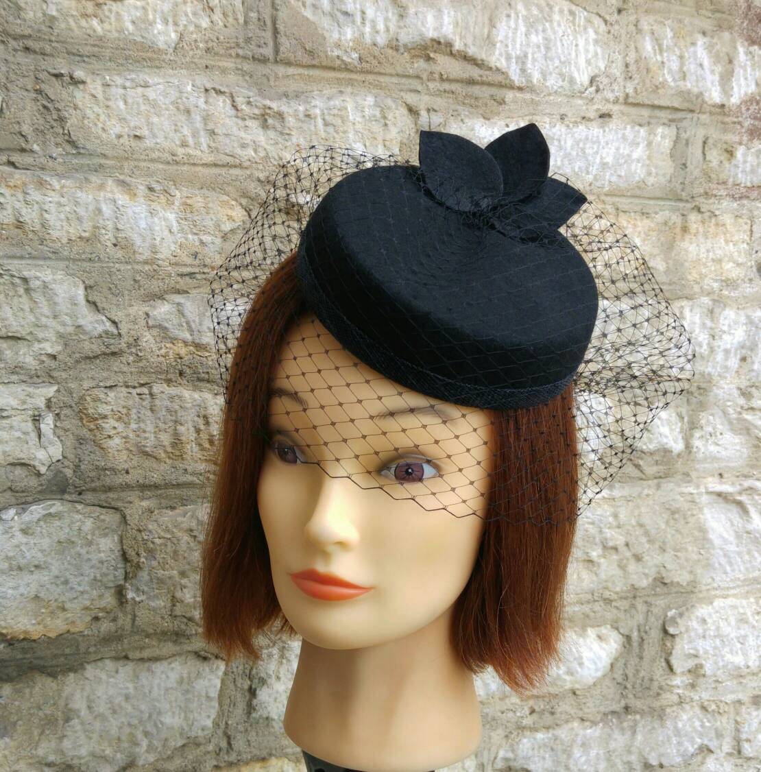 Black pillbox hat with veil funeral hat 1940s cocktail hat and Etsy