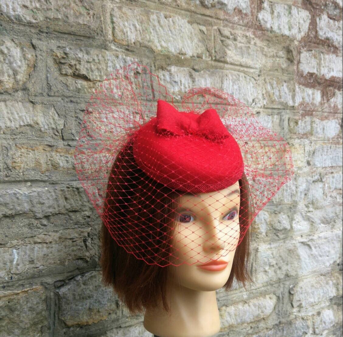 Red Pillbox Hat and Birdcage Veil 1940s 
