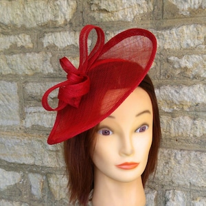 Red fascinator wedding hat on headband one off design in sinamay straw image 1