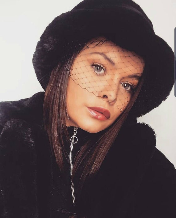 Black Luxury Faux Fur Hat With Veil 