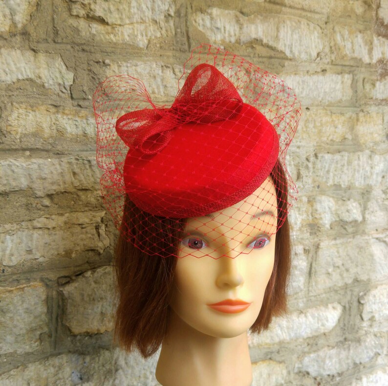Red pillbox fascinator hat and birdcage veil on headband 1940s Etsy