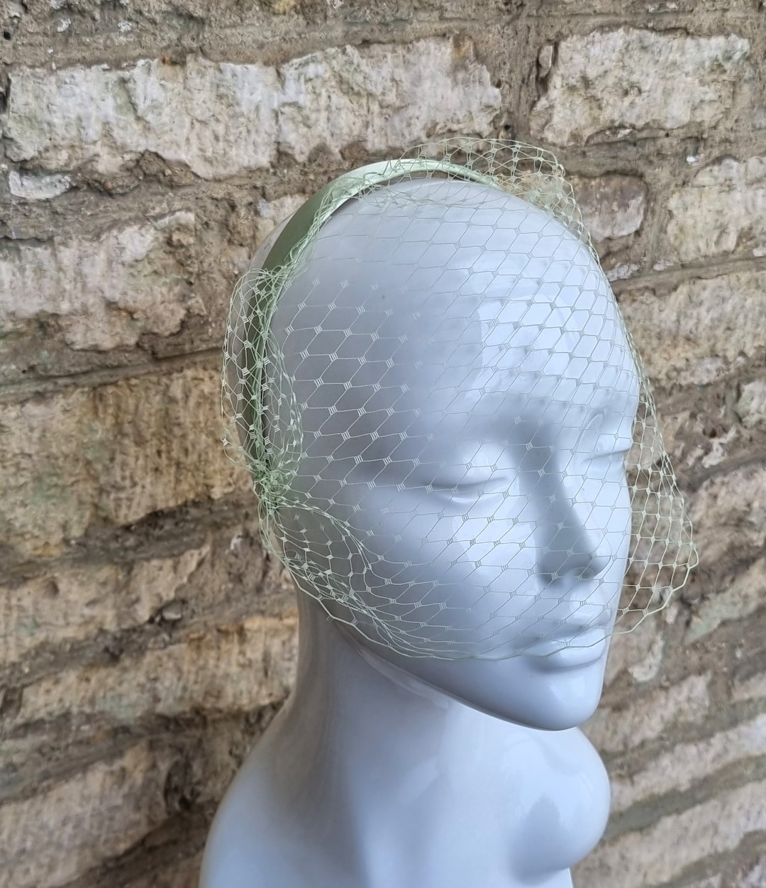 Sage Green Birdcage Veil on Wide Headband Light Sage Green Net Veil
