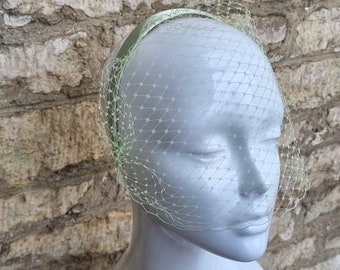 Sage Green Birdcage Veil on wide headband light sage green net veil attached to headband  Voilette for wedding guest
