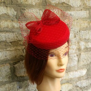 Red Pillbox Fascinator Hat and Birdcage 