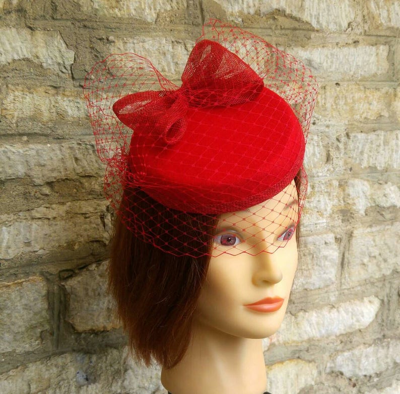 Red pillbox fascinator hat and birdcage veil on headband 1940s Etsy
