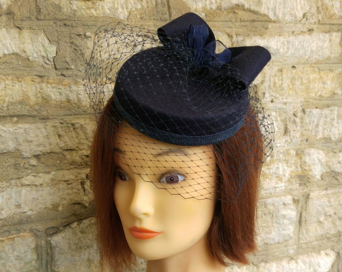 Blue Pillbox Hat With Veil Navy Blue Wool Felt Cocktail Hat With