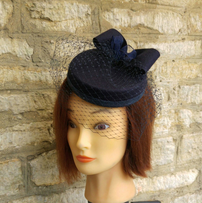 Blue Pillbox Hat With Veil Navy Blue Wool Felt Cocktail Hat Etsy