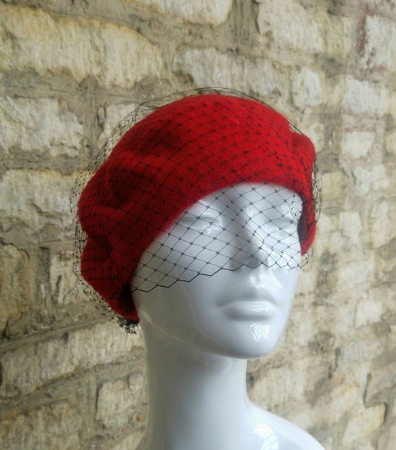 3936 Vintage Wool French Beret Hat, Wine Red With Black Mesh Veil, Pearl Vintage Wool French Beret Hat, Wine Red with Black Mesh Veil  main image 3