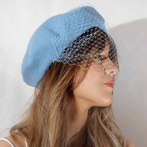 Light Blue beret hat with veil French beret veiled baby blue beret 1940s hat Paris vintage style image 3