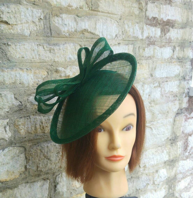 Dark green fascinator wedding hat on headband forest/ bottle green sinamay straw simple occasion hat image 3