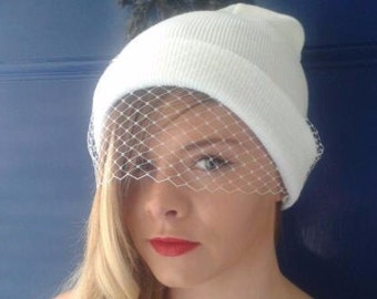 White veiled beanie hat for special occasion, wedding, bridal, bachelorette