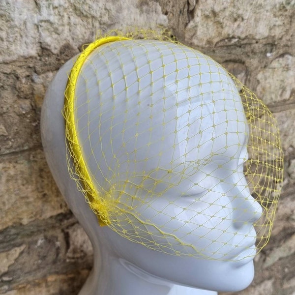 Yellow Birdcage fascinator  primrose yellow  net veil on narrow headband  Veil   Voilette for bridal  wedding party