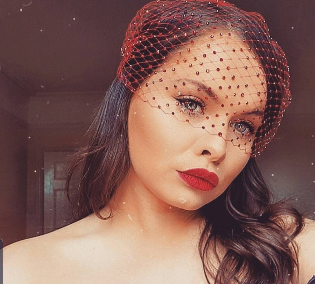 Red Crystal French Net Veil: Bridal Fascinator Wedding or  display picture 3