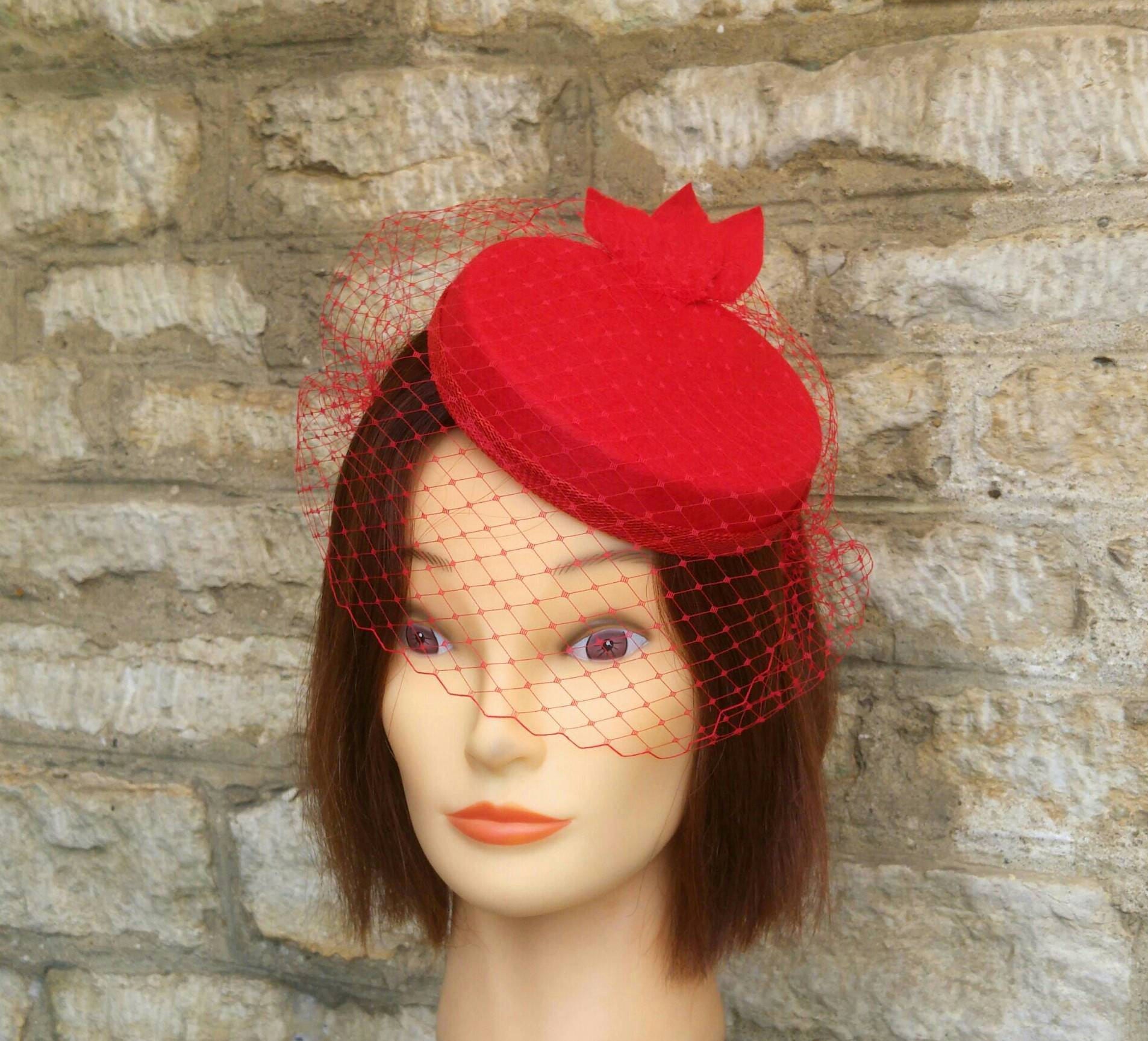 Red Pillbox Fascinator Hat and Birdcage 