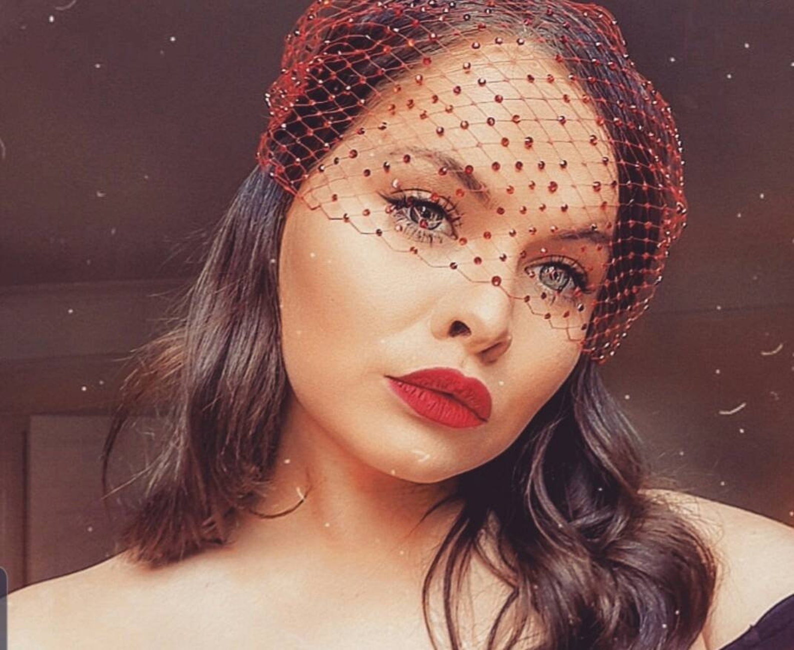 Red Net Face Veil With Crystals RED French Net Fascinator Etsy