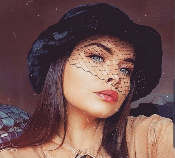 Black Luxury Faux Fur Hat With Veil 