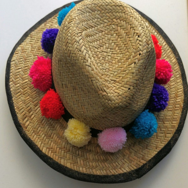 Sombrero de paja con pom pom trim sol pom pom sombrero de paja sombrero de paja sombrero sombrero con fedora de sombrero de paja de pom poms playa sombrero festival sombrero paja paja