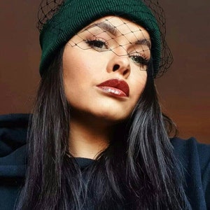 Veiled dark green beanie hat with black merry widow veil fashion image 2