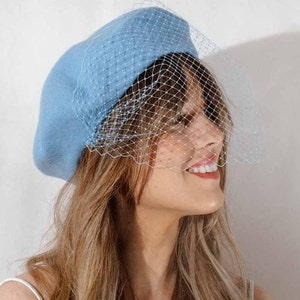 Light Blue beret hat with veil French beret veiled baby blue beret 1940s hat Paris vintage style image 2