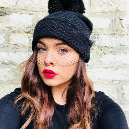 Veiled Black Beanie Hat With Waffle Net Veil - Etsy display picture 3