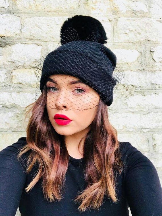 Black Veiled Beanie: Faux Fur Pom Pom, French Net Veil - Etsy