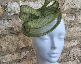 Olive Green Sinamay Fascinator Hat: Wedding Races Headband