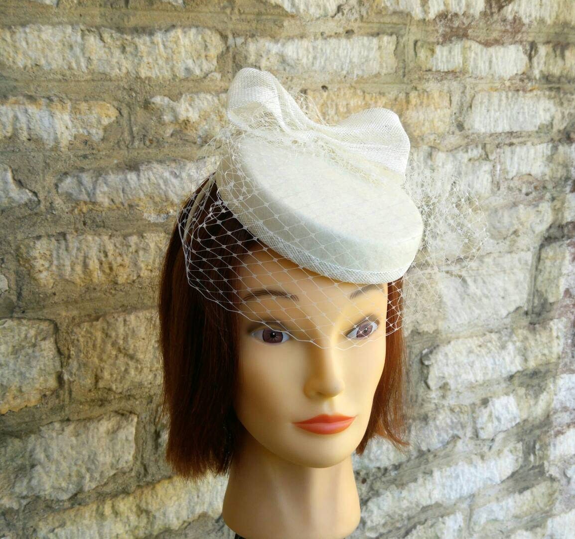 Ivory White Pillbox Hat With Mini Veil 