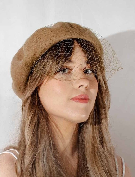 Tan Brown Beret Hat With Veil French 