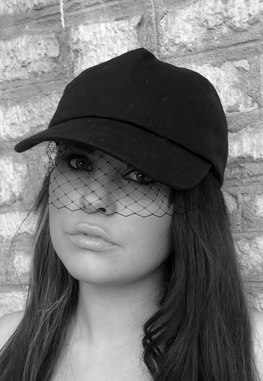 Black Cotton Cap With Net Face Veil Fashion Hat With Adjustable