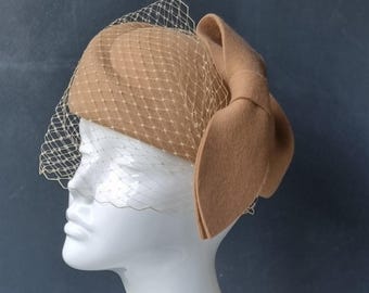 Camel Wool Felt Pillbox Hat: Beige Birdcage Veil, Wedding Fascinator