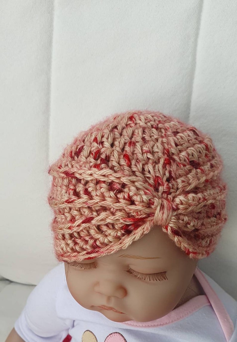 Made in super soft chilli flake yarn Size 0-3 months Baby girls crochet turban hat