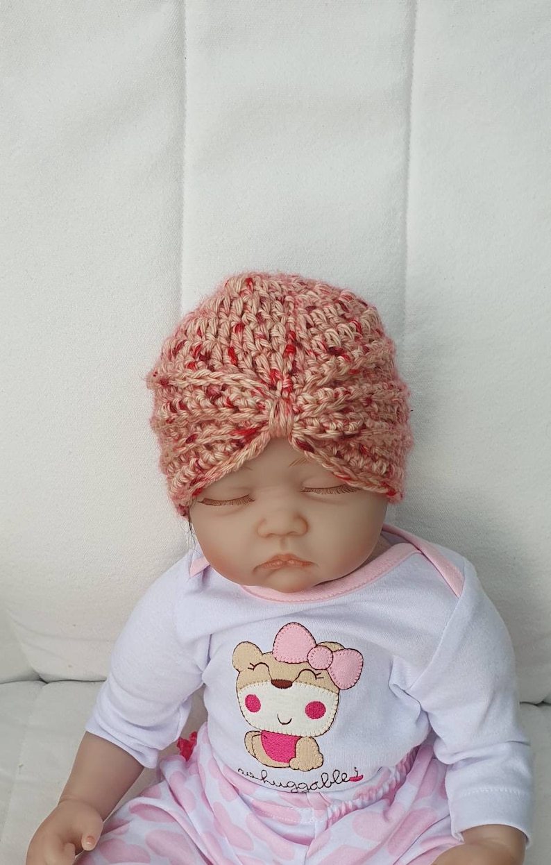 Made in super soft chilli flake yarn Size 0-3 months Baby girls crochet turban hat