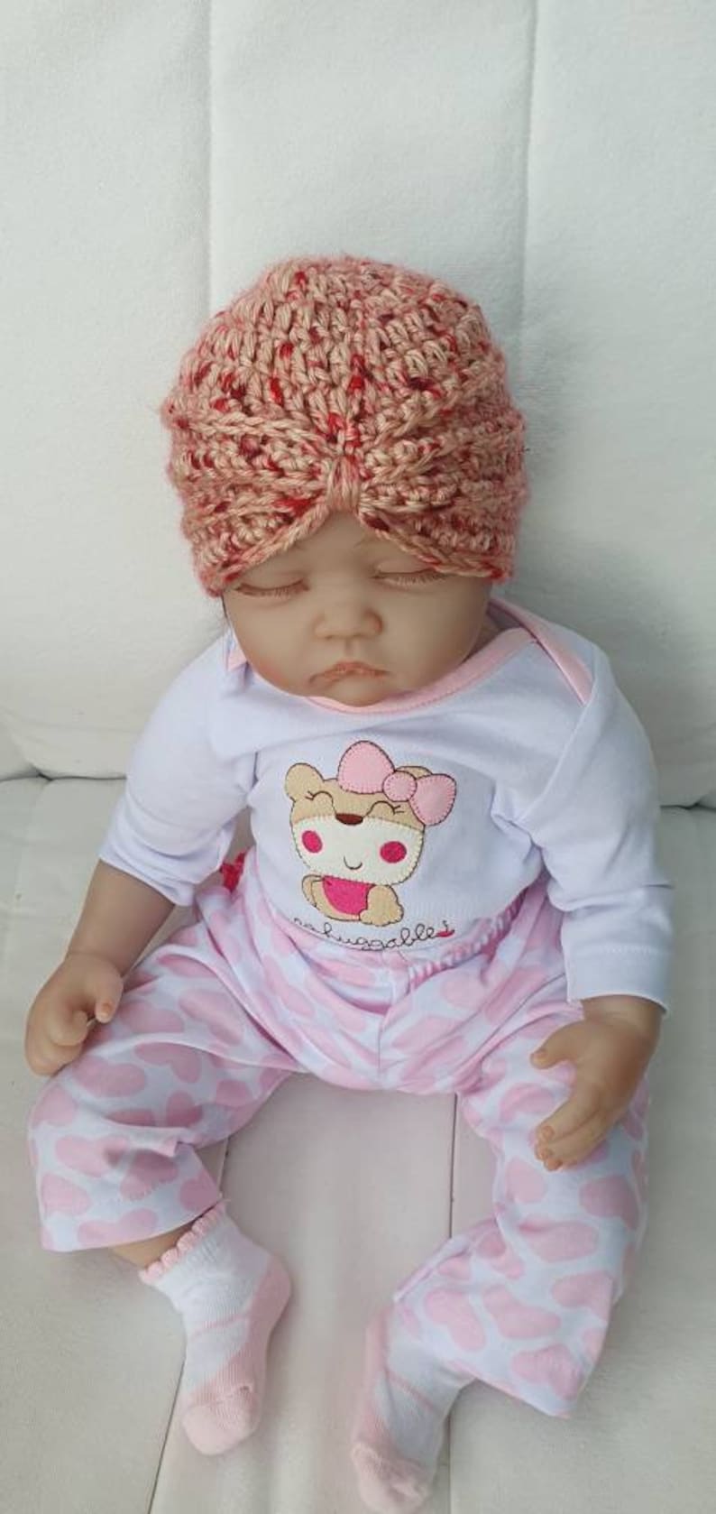 Made in super soft chilli flake yarn Size 0-3 months Baby girls crochet turban hat