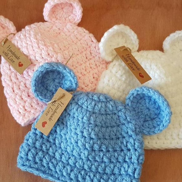 Baby Teddy bear beanie hat. Babies Teddy hat. Crochet Baby bear hat. From newborn to 12 months. 23 colours . Made to order.Actual item.