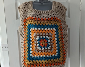 Crochet granny square sleeveless jumper/ tank top . Handmade. Size 18/20