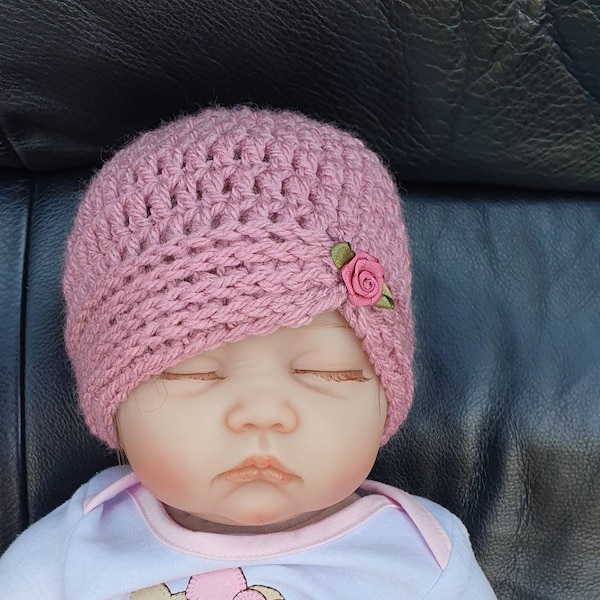 Baby girls  crochet hat with ribbon rose detail. Original design . Handmade .Available in newborn, 0-3 and 3-6 months, 6-12  ,18-24 months