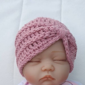 Baby girls crochet turban hat. Newborn, 0-3, 3-6, 6-12 months, toddler, child, adult. Made to order. 22 colours.