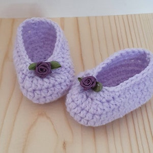Baby girls crochet ballet shoes. Crochet Baby shoes. Pram shoes. Size 0-3 months . Other colours listed Lilac + purple rose