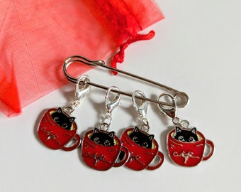 Stitch markers . Set of 4 cute enamelled  cat in a cup knitting / crochet stitch markers . Progress markers