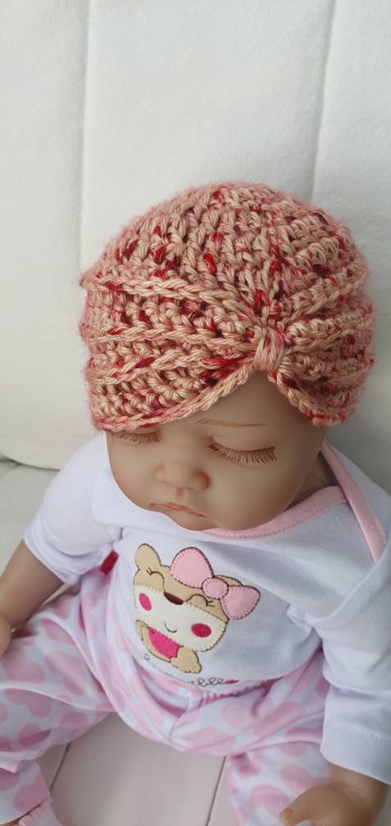 Made in super soft chilli flake yarn Size 0-3 months Baby girls crochet turban hat
