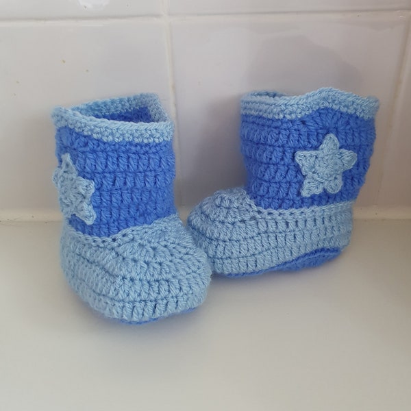 Cute hand crocheted baby cowboy , cowgirl boots. Baby booties. Pram shoes. Size 3-6 months.  Actual item.