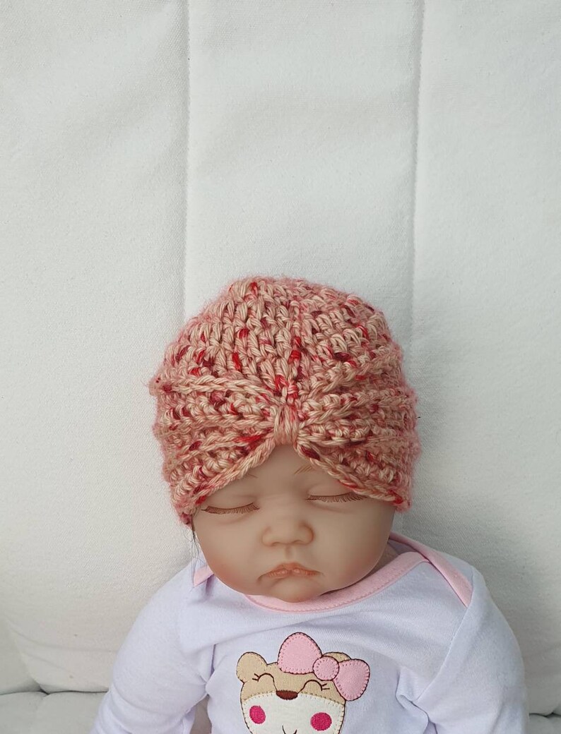 Made in super soft chilli flake yarn Size 0-3 months Baby girls crochet turban hat