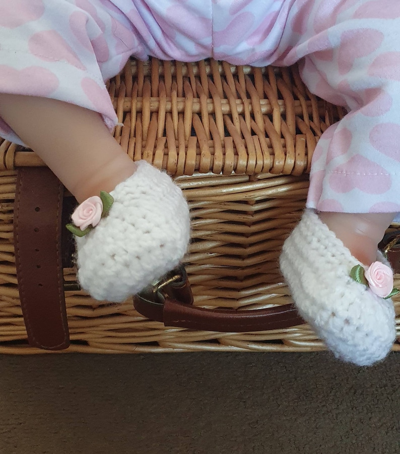 Baby girls crochet ballet shoes. Crochet Baby shoes. Pram shoes. Size 0-3 months . Other colours listed White + pink rose