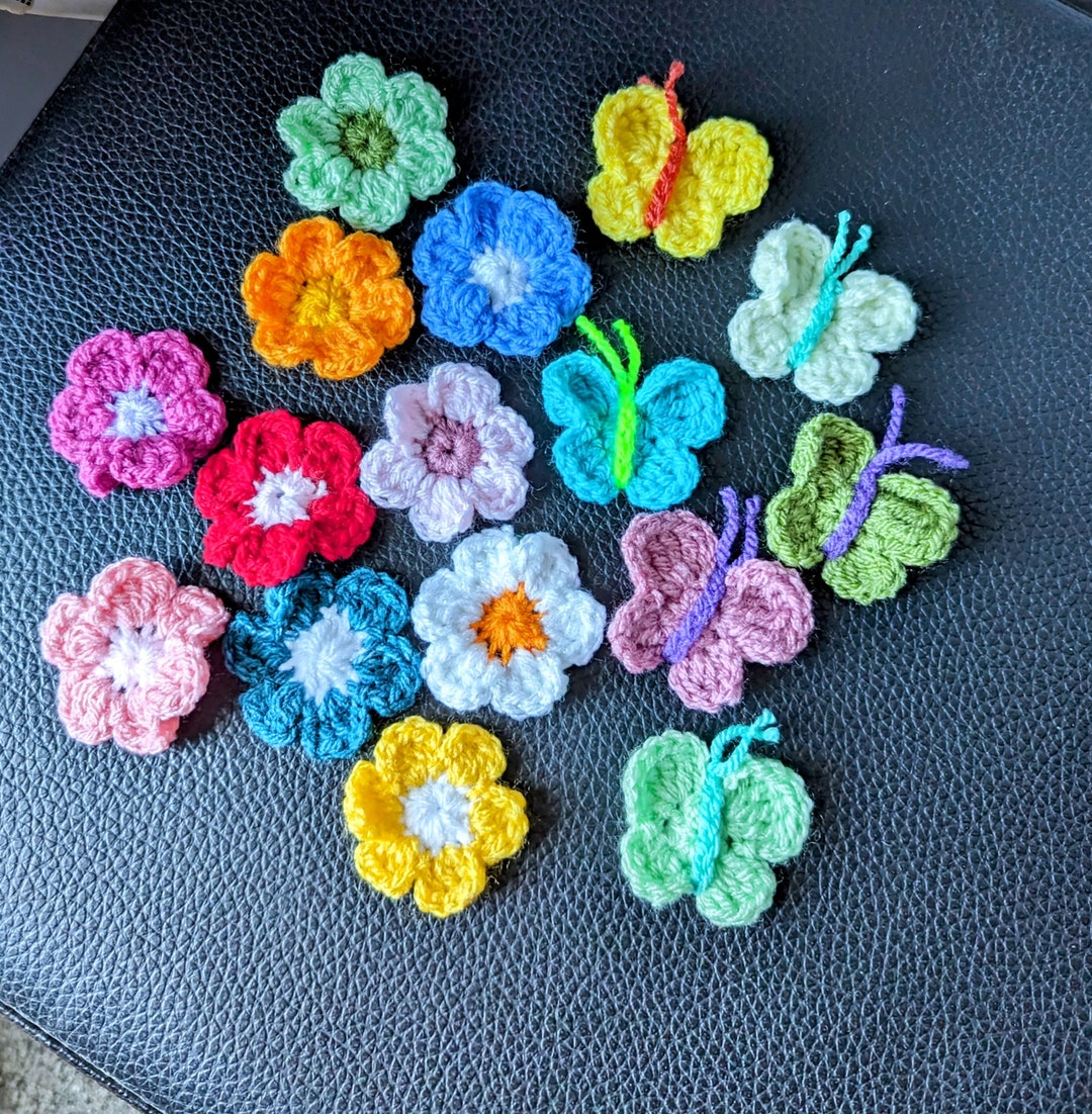 Set of 6 Crochet Butterflies and 10 Crochet Flowers. Assorted Colours