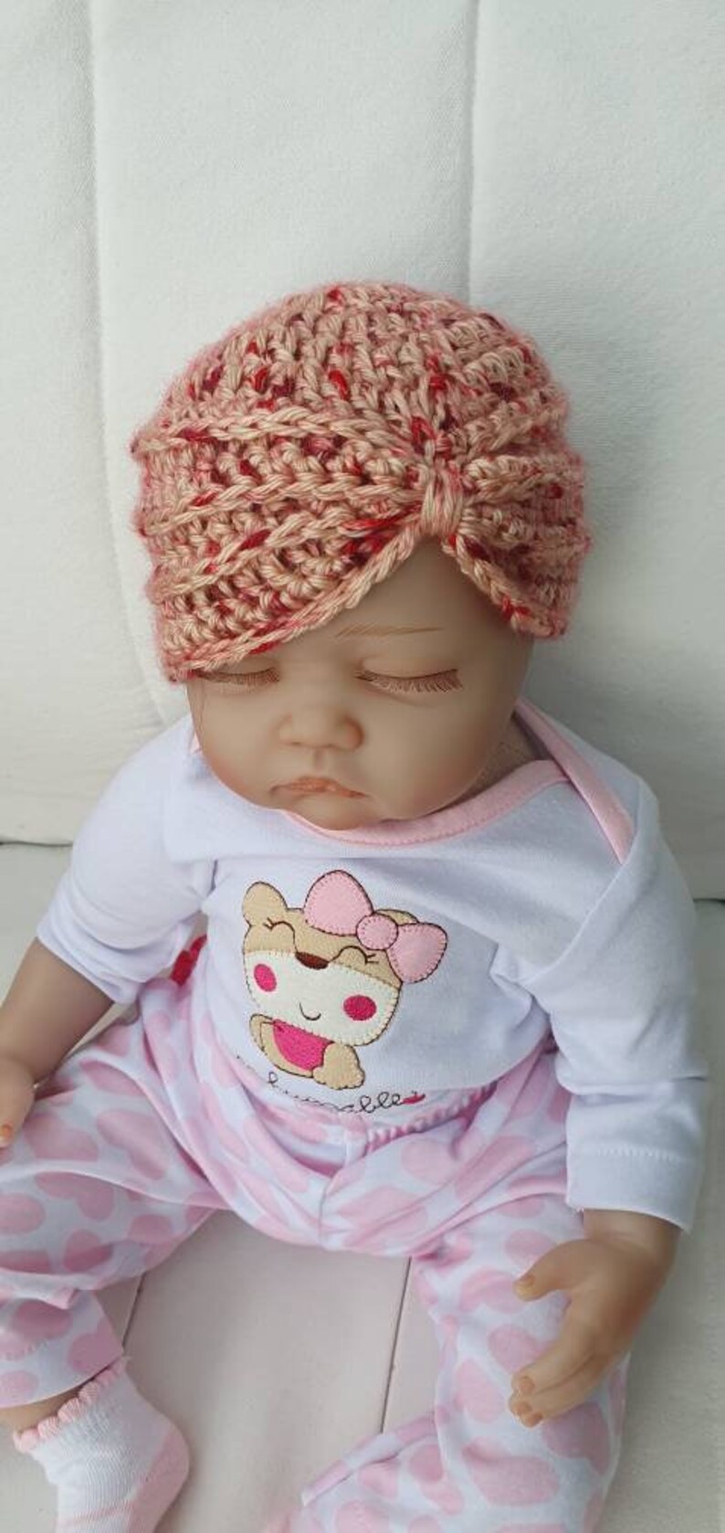 Made in super soft chilli flake yarn Size 0-3 months Baby girls crochet turban hat