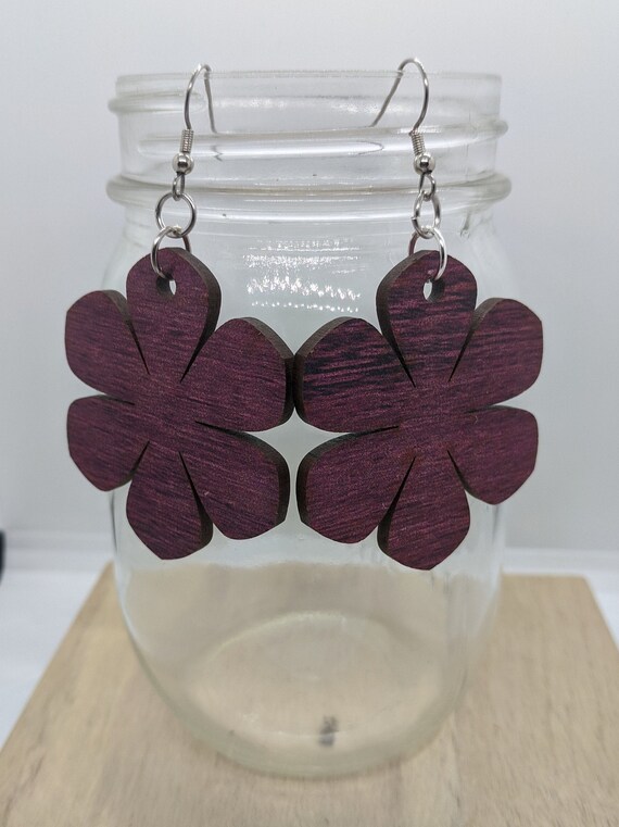 Wooden drop earrings Purple hearts earrings Violet wooden jewelry Handmade earrings Hand painted earrings Lilac hearts earrings