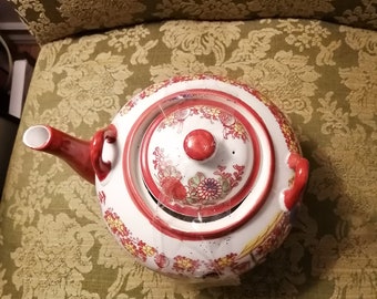 Vintage Red Chinese Ceramics Porcelain Teapot Bamboo Handle Missing