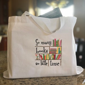 Reusable White Canvas Tote, Book Club Bag with Embroidered Books and Book Quotes