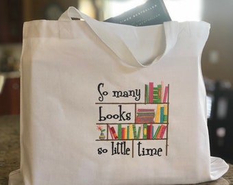 Reusable White Canvas Tote, Book Club Bag with Embroidered Books and Book Quotes