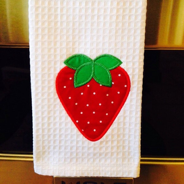 Personalized, Embroidered Cotton Kitchen Towel with Strawberry Appliqué
